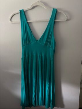LOFT Teal V-Neck Sleeveless Pleated Mini Dress